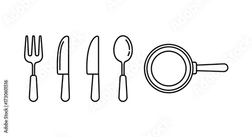 Simple Outline Kitchen Utensils and Frying Pan Icons Set.