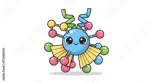 Whimsical molecular creature with ribbon antennae and playful expression creating fun atmosphere