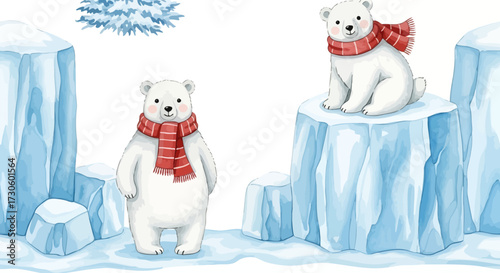 Whimsical polar bear scene with scarlet scarves amidst glacial formations, a delightful wintry