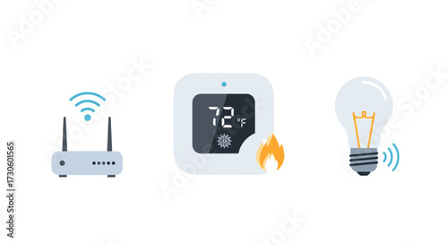 Smart Home Technology Icons - Router, Thermostat, and Light Bulb.