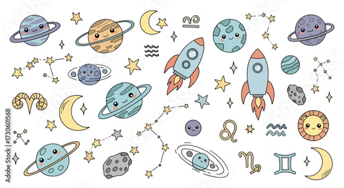 Whimsical space adventures: A playful cosmic collection of planets and constellations
