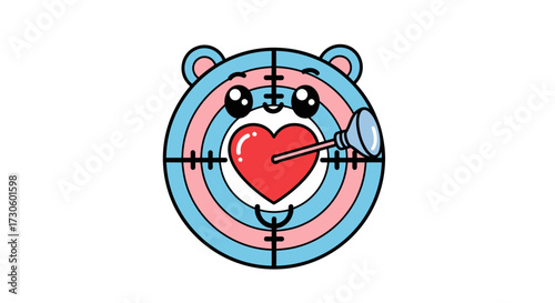 Whimsical target bear character with love heart and plunger arrow conveying playful affection