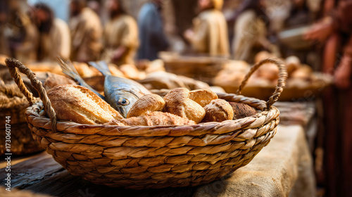 Jesus' Miracle of Feeding the 5000: Loaves and Fishes Abundantly Shared, a Divine Blessing and Testament of Faith.