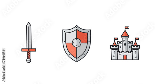Sword, Shield, and Castle - Medieval Icon Set with Outlines and Color Fill.