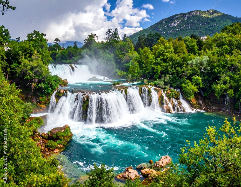 Fototapeta premium Lush waterfalls cascading into turquoise water