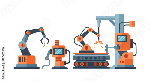 Vector Illustration of Industrial Robotic Arms in Manufacturing Processes, Orange and Gray.