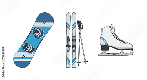 Vibrant blue and white winter sports equipment set, featuring a snowboard, skis with poles, and an ice skate.