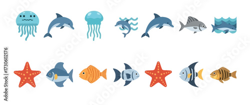 Vibrant cartoon marine life collection featuring jellyfish, dolphins, sharks, tropical fish, and starfish illustrations.