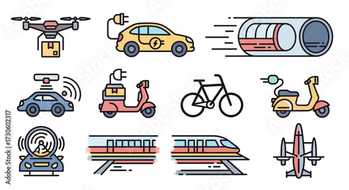 Vibrant Future Transportation Icons Collection - Electric Cars, Drones, Trains, Scooters, Autonomous Vehicles.