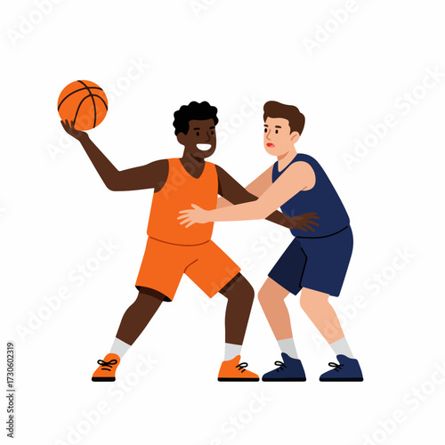 Flat Style Energetic Basketball Player Dribbling the Ball During Game Illustration