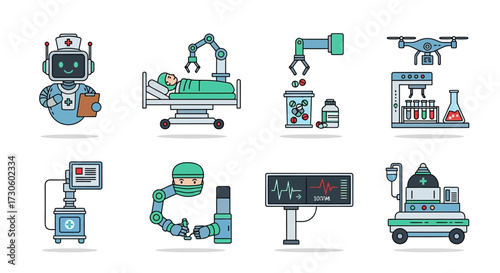 Vibrant Medical Robotics and AI Healthcare Technology Line Icons Set.