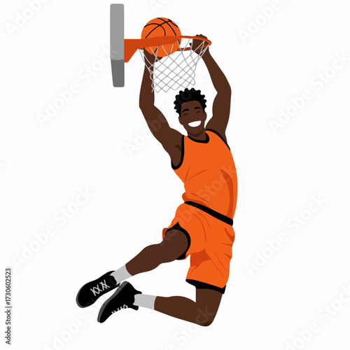 Modern Flat Illustration of African American Man Slam Dunking Basketball