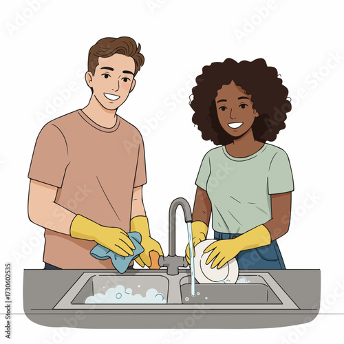 Flat Illustration Couple Washing Dishes Together at Kitchen Sink