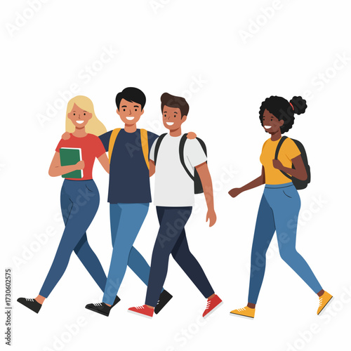 Flat Style Diverse Group of Students Walking Together Friendship Illustration