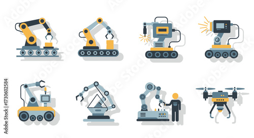 A collection of flat design industrial robots, including robotic arms, automated machinery, and a delivery drone for modern manufacturing.