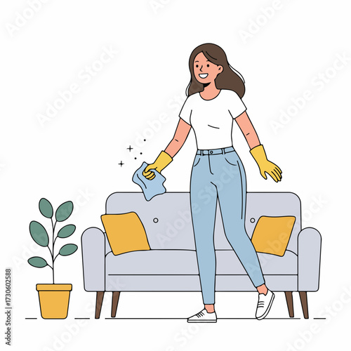 Modern Flat Illustration of Woman Cleaning Sofa in Living Room Scene