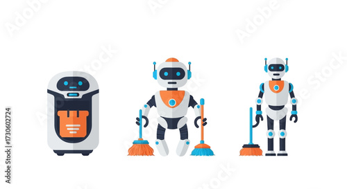 A collection of three modern cleaning robots, featuring two humanoid models with brooms and one compact service bot.