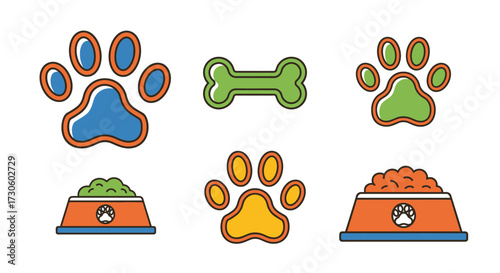 A colorful collection of cartoon pet care icons. Set includes dog paw prints, a green bone, and two orange food bowls with kibble, all with bold outlines.