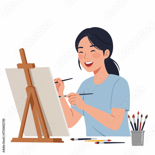 Flat Style Smiling Woman Painting On Canvas Creative Hobby Illustration