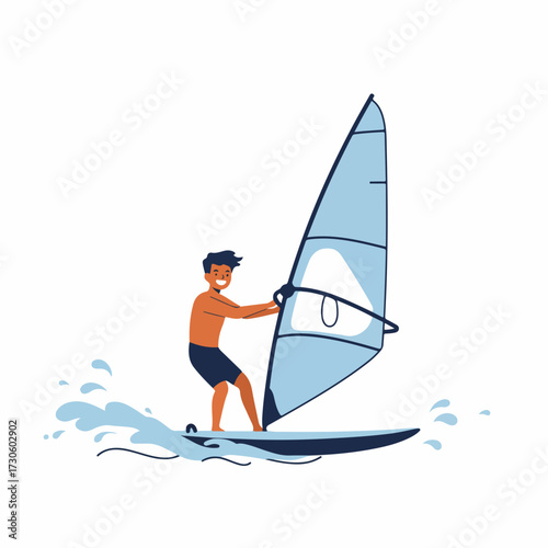 Cartoon Character Riding Windsurfing Board on Sea Recreation Watersport