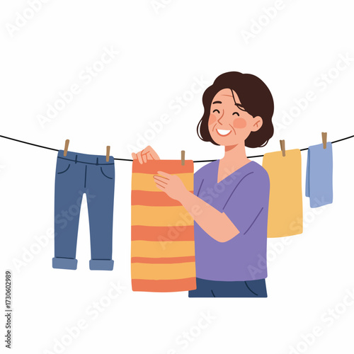 Flat Cartoon Woman Hanging Laundry on Clothesline Household Chores Illustration
