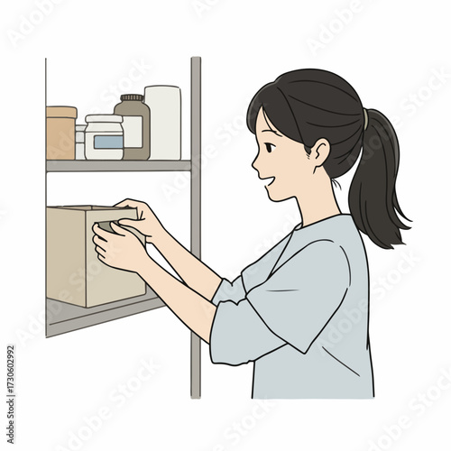 Simple Line Drawing Woman Reaching for Box on Storage Shelves Illustration