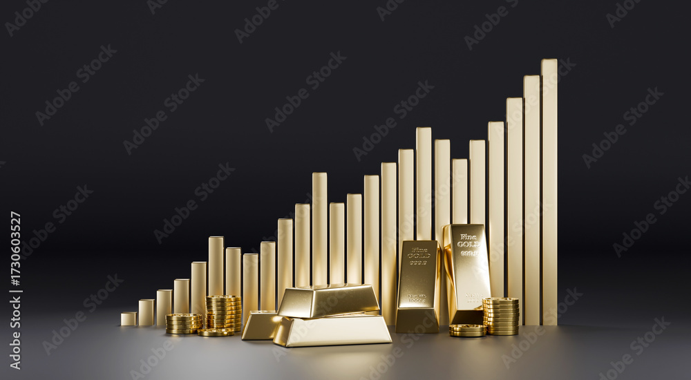Fototapeta premium 3D illustration concept showing rising bars, coins, and bars of gold symbolizing wealth growth. Designed for finance, gold trading, and investment business visuals.