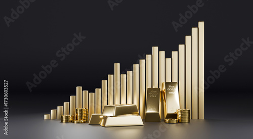 Photos 3D illustration concept showing rising bars, coins, and bars of gold symbolizing wealth growth