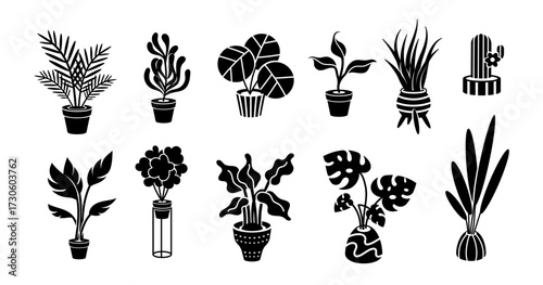 Silhouette Indoor Plants flat set. Monochrome House plants in ceramic cups, pots, basket design elements. Decorative black collection Plants