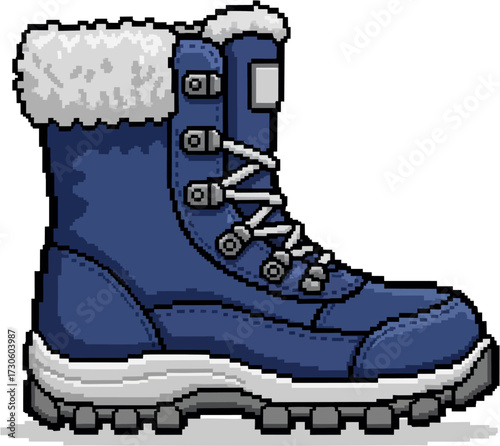 A pixelated illustration of a blue winter boot with white fur trim and laces.