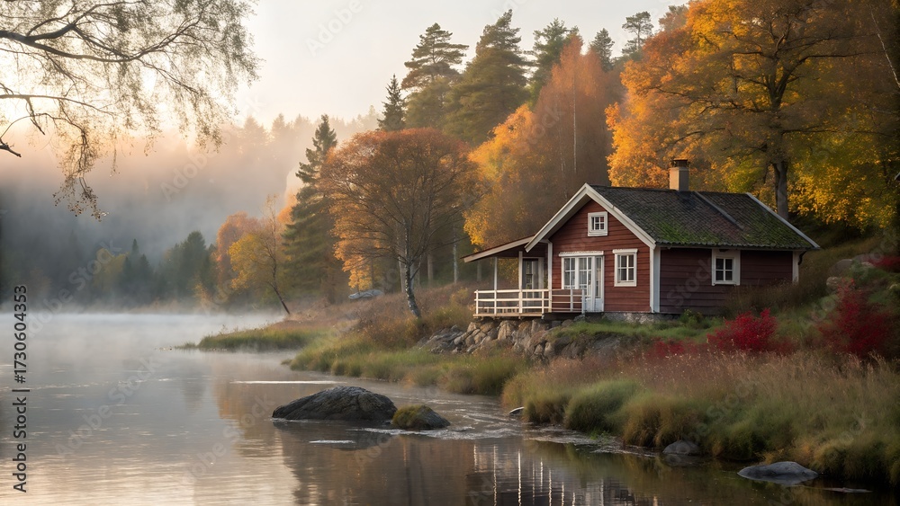 Obraz premium Scandinavian Cabin by River with Warm Autumn Colors and Morning Mist