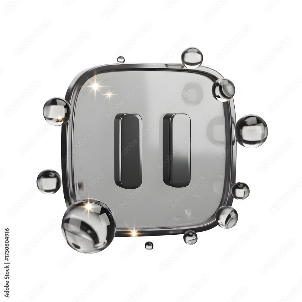 Fototapeta premium Pause button icon with water droplets isolated on white background, 3d Pause button