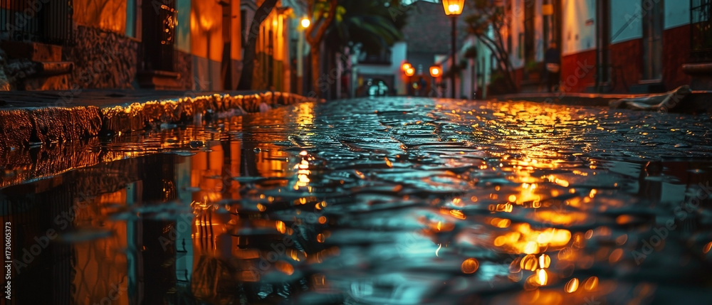 Naklejka premium Reflections of a cobblestone street at night after the rain in a european city