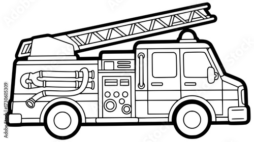 Fire truck illustration featuring a detailed design with a ladder, hoses, and control panel, perfect for coloring pages and educational activities for children