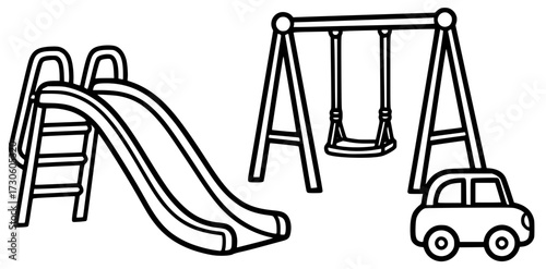 Playground equipment illustration featuring a slide, swing set, and toy car, designed as a coloring page for children to enhance creativity and fun activities