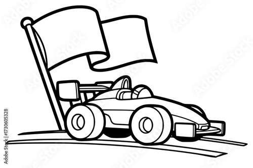 Racing car illustration with two waving flags on a racetrack, showcasing speed and excitement in a dynamic coloring page for creative expression and fun