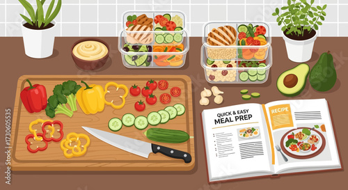 Healthy Meal Prep Scene with Fresh Vegetables, Grilled Chicken, Rice, and Open Cookbook on Kitchen Counter