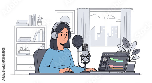 Woman Recording Podcast or Voice Over at Home Studio