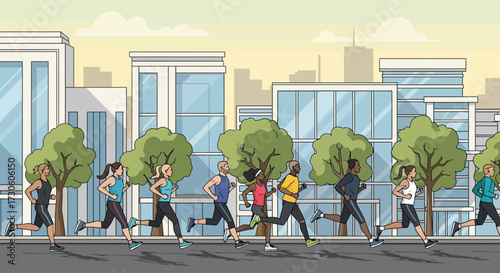 Group of Diverse People Running and Jogging in City Street