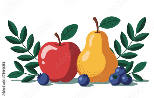 Stylized Fruit Vector Composition Apple Pear Blueberries with Green Leaves Design