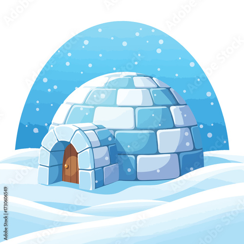 A charming cartoon illustration of a domeshaped igloo house made from ice blocks.