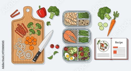Healthy Meal Preparation Scene with Fresh Vegetables, Sliced Ingredients, Meal Containers, and Open Recipe Book