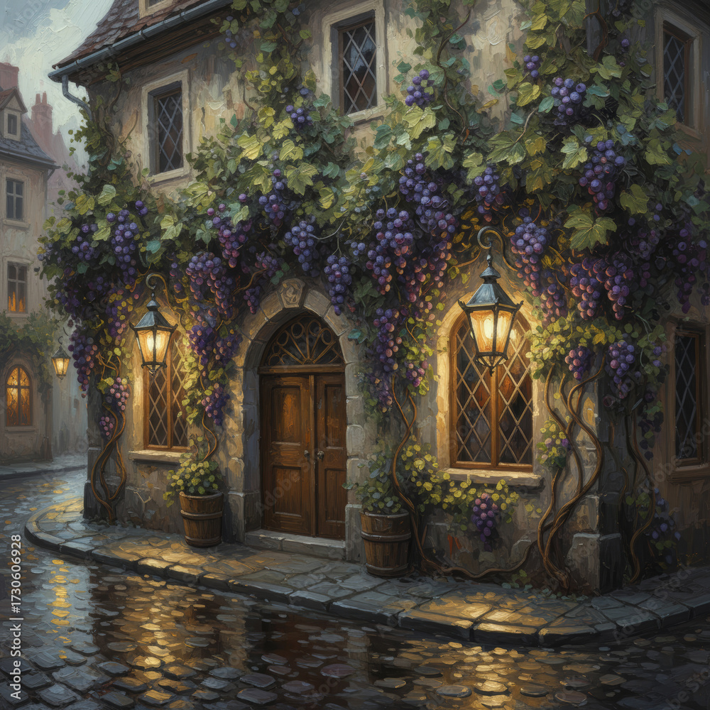 Obraz premium Facade view of charming cafe exterior. Old building covered in clusters of grapevines with abundant purple grapes.