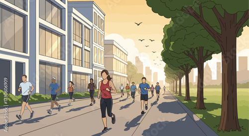 Sunset Jogging in Urban Park – Active Community on Tree-Lined Pathway with Modern Architecture