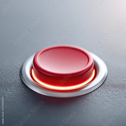Macro Close Up of Red Button with Glowing Light on Gray Surface