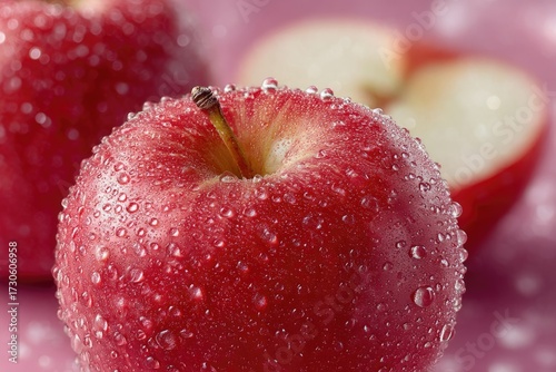 Macro Close Up of Red Apple with Water Droplets on Pink Surface Cinematic HDR