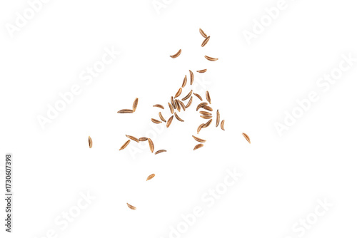 Fotografi Brown cumin seeds flying, isolated aromatic spice grains with rich earthy textur
