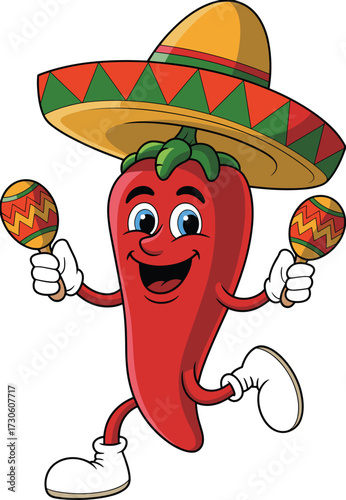 Cartoon chili pepper dancing, Mexican fiesta character illustration, cheerful maracas pose, sombrero hat design, spicy food mascot, festive cultural celebration artwork