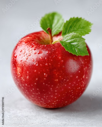 Macro Close Up of Ripe Red Apple with Green Leaves Isolated on Textured Surface