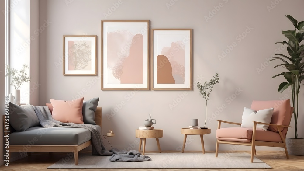 Fototapeta premium Minimalist interior with a boucle sofa, blue accents, and artistic decor, creating a tranquil and stylish atmosphere.